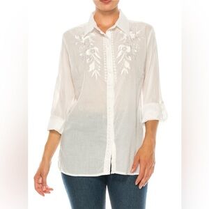 Vintage Goa Floral Embroidered Cotton Blouse Shirt White Boho Size Small